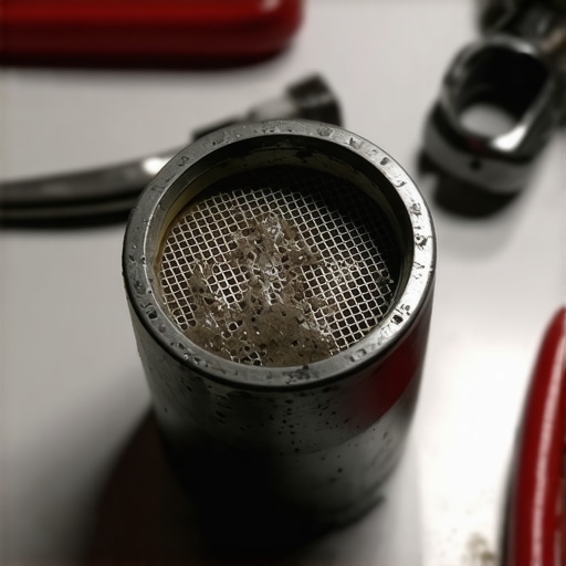 Detailed view of a clogged VVT solenoid mesh screen showing oil contamination.