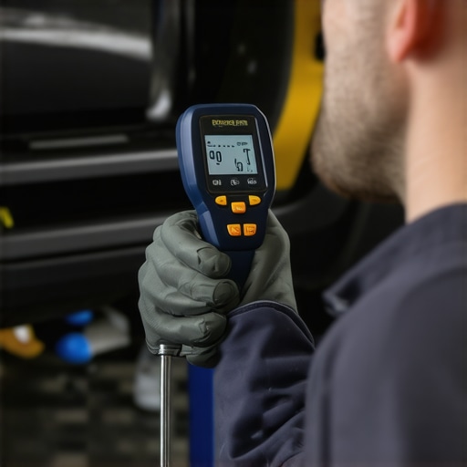 Infrared Diagnostic Testing for Cooling Systems Technician using infrared thermometer on radiator for vehicle diagnostics