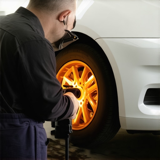Infrared Thermal Diagnostic of Vehicle Hub Close-up of a mechanic using a thermal imaging camera on a car wheel hub to detect mechanical friction.
