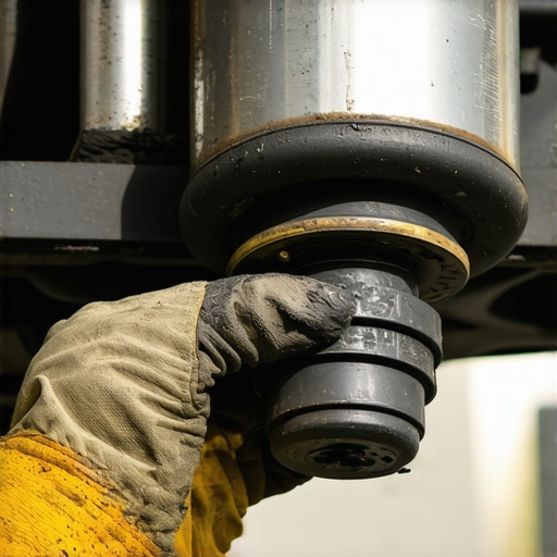 Close-up of worn suspension bushing and shock absorber on an old car