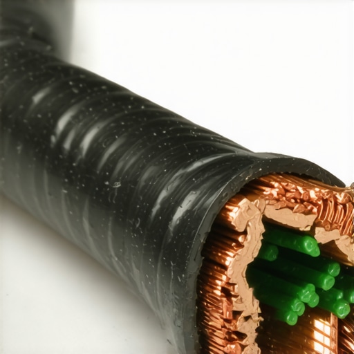 A close-up of a corroded car battery cable showing green copper oxide buildup inside the insulation.