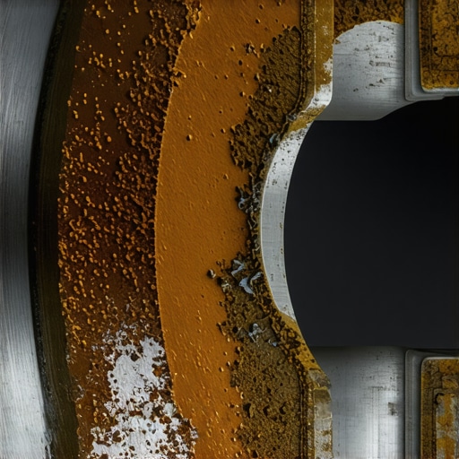 Internal wheel bearing corrosion and grease breakdown Close-up of a damaged wheel bearing race with moisture contamination and rust.