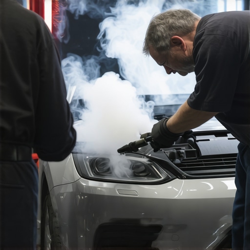 Technician using a smoke tester to find air leaks in a vehicle intake system.