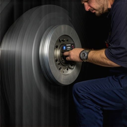Measuring Brake Rotor Lateral Runout A technician using a micrometer tool on a car brake disc to ensure precision alignment and prevent warping.