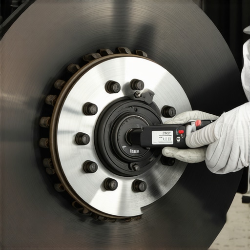 Measuring Brake Rotor Lateral Runout for Precision Alignment Close-up of a mechanic measuring lateral runout on a brake disc with a dial indicator to prevent vibrations.