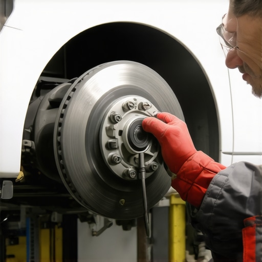 Measuring Brake Rotor Runout A technician using a precision dial indicator on a metallic brake disc for diagnostics.