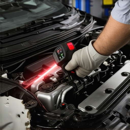 A mechanic using a laser thermometer to check for overheating ignition coils on a car engine.