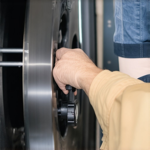 A close-up shot of a dial indicator measuring the precision of a brake rotor on a vehicle hub.