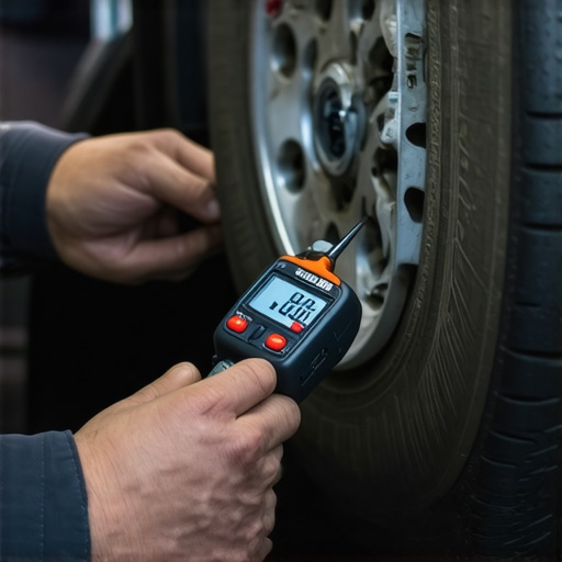 Technician measuring lateral runout on a vehicle brake rotor using a dial indicator to diagnose uneven wear.