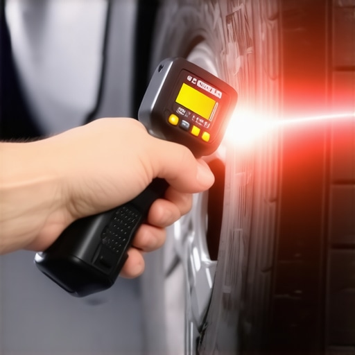 Measuring wheel hub heat for bearing diagnosis Mechanic using a laser thermometer on a car wheel hub
