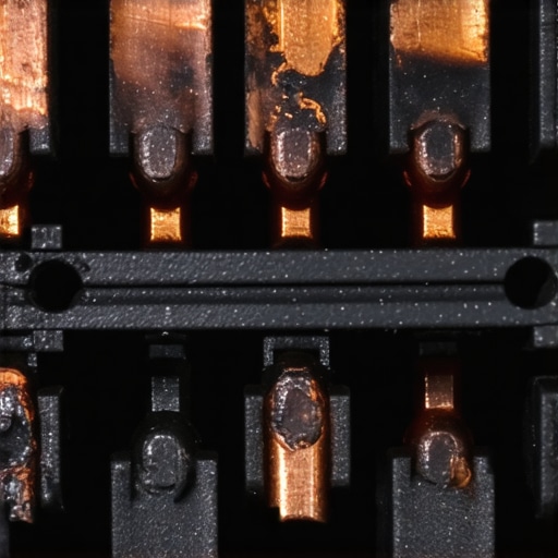 Melted automotive electrical connector showing thermal damage Close-up of a damaged plastic car wiring connector with signs of heat and melting