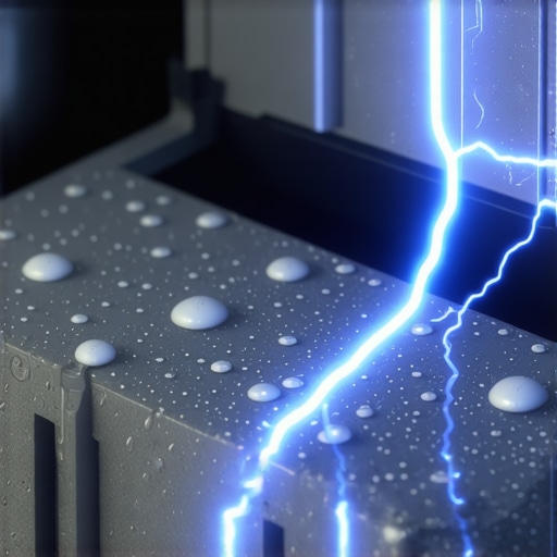 Close-up of a car battery showing moisture-induced electrical leakage during rain.