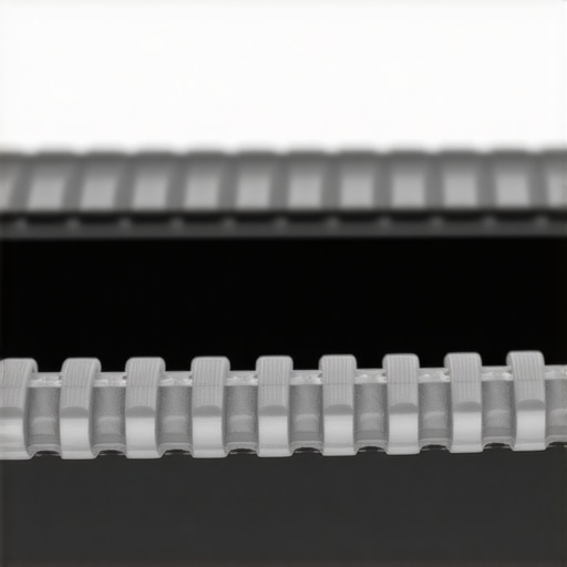Microscopic view of curvilinear timing belt wear A macro photograph showing a timing belt with curvilinear teeth and signs of material fatigue at the base of the teeth.