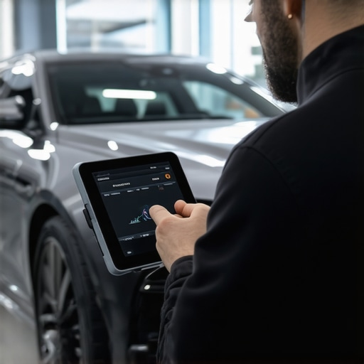 Modern ADAS Calibration and Suspension Alignment Technician calibrating vehicle sensors to match mechanical alignment geometry.