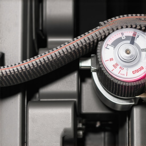 A close-up view of an automatic belt tensioner showing the wear indicator and a serpentine belt.