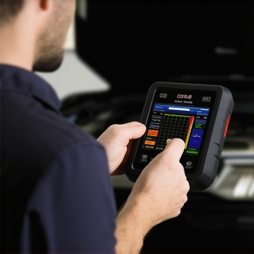 Mechanic using a scan tool to diagnose transmission hydraulic pressure issues.
