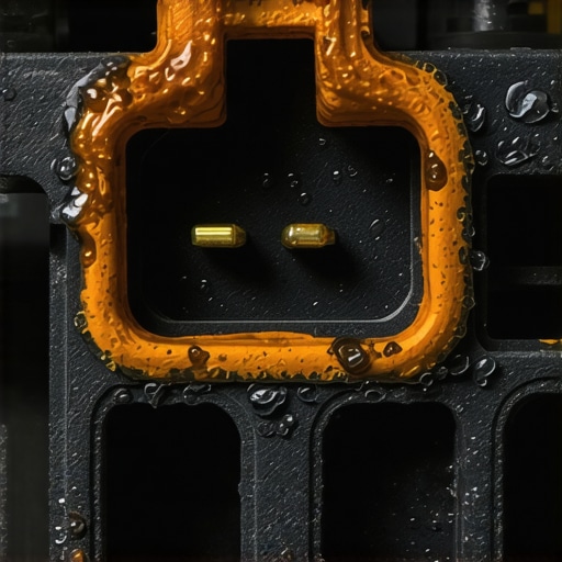 Close up of a corroded car electrical connector with water droplets causing a short circuit