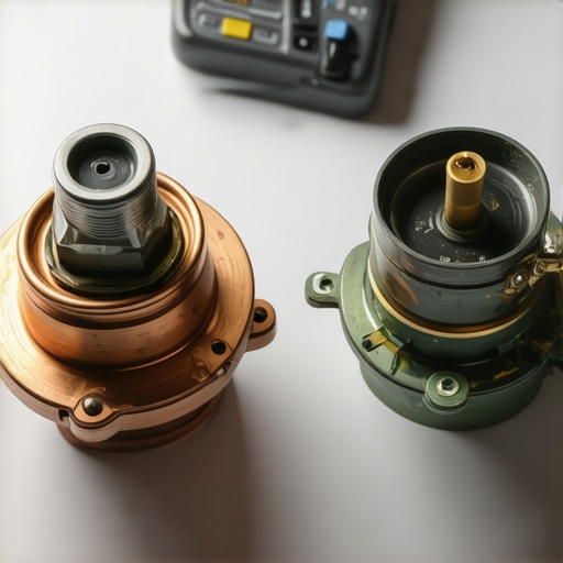 New vs Corroded Engine Thermostat Comparison Close-up of a new thermostat next to a failed, corroded thermostat showing scale buildup