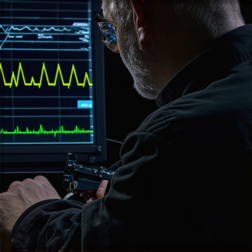 Technician using an oscilloscope to diagnose electrical noise on a vehicle ground circuit.