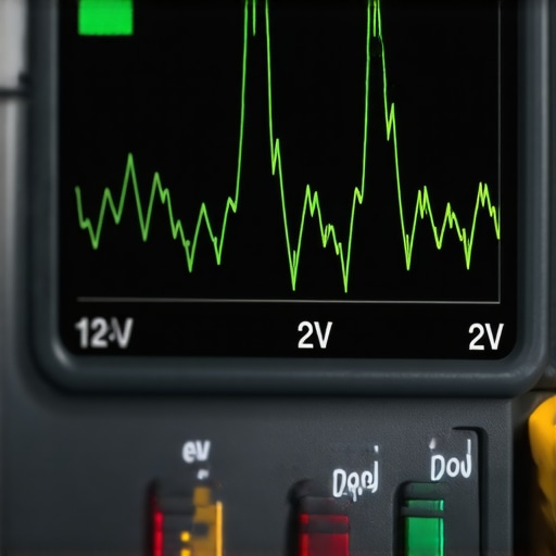 Digital oscilloscope showing a voltage drop waveform in a vehicle charging system.