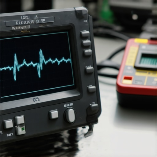 Oscilloscope Waveform Showing Alternator AC Ripple A diagnostic oscilloscope screen showing electrical noise or AC ripple in a vehicle's DC electrical system.