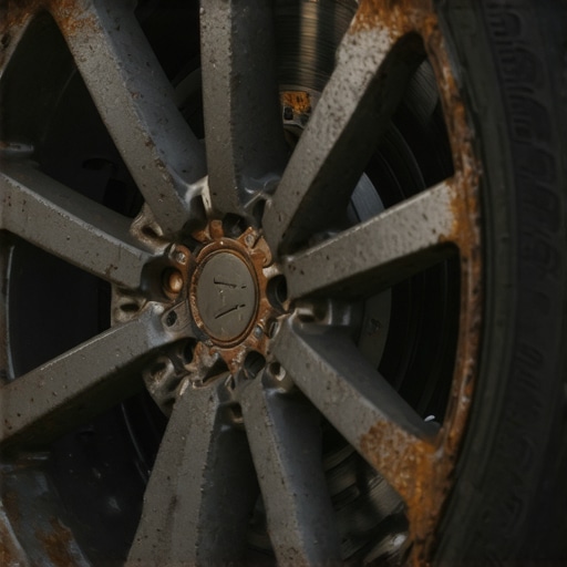 Oxidation Exposure on Open-Spoke Wheels A close-up view of a car brake rotor with surface rust visible through modern alloy wheel spokes.