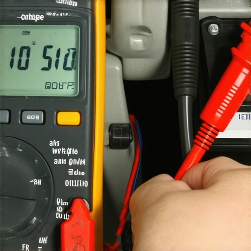 Performing a Voltage Drop Test on Engine Ground A technician using a multimeter to diagnose a high-resistance ground wire on a car engine.