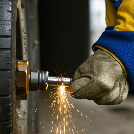 Mechanic using an air hammer to loosen a seized lug nut