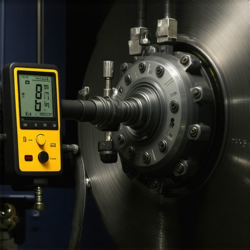 Digital dial indicator measuring brake rotor runout on a vehicle hub.