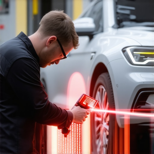 Precision ADAS Calibration in a Modern Auto Shop Technician calibrating vehicle sensors and steering alignment using advanced digital diagnostic equipment.