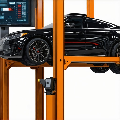 Professional laser wheel alignment system measuring chassis geometry.