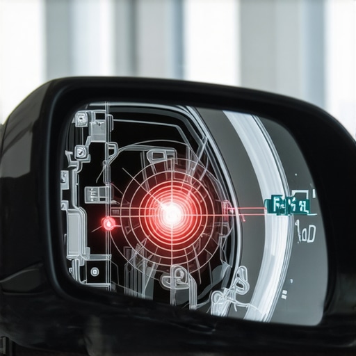 Precision Laser Alignment for Side Mirror ADAS Sensors Technician using laser tools to calibrate side mirror sensors for blind spot detection