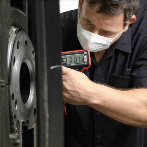 Technician using a dial indicator to check the lateral runout of a new wheel hub assembly.