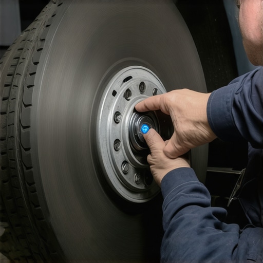 Technician using a dial indicator to measure rotor runout for car diagnostics.