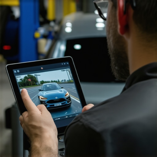 Professional ADAS System Calibration Technician using digital diagnostic tools to calibrate a vehicle's advanced driver assistance system