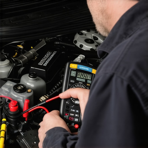 Professional Alternator Voltage Testing Mechanic testing car alternator voltage with a multimeter to diagnose engine stalling.