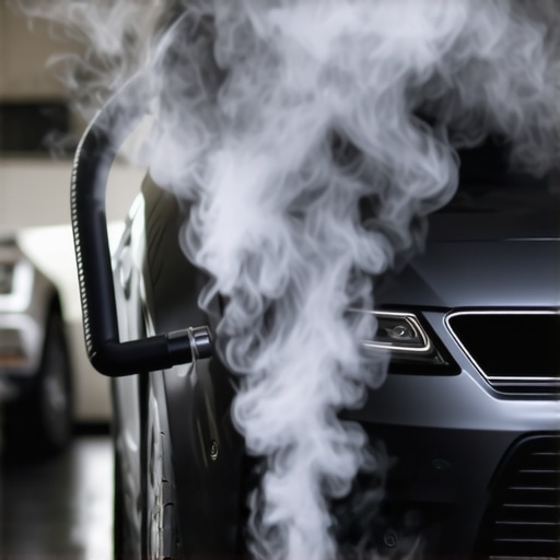 White smoke escaping from a cracked engine intake hose during a diagnostic smoke test.