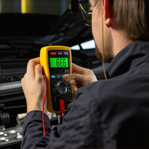 Professional Electrical System Diagnostic Testing Mechanic testing vehicle voltage with a multimeter to diagnose dimming lights