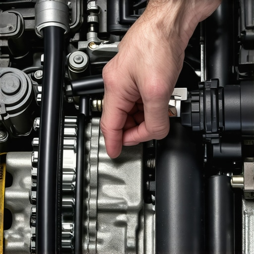 Mechanic inspecting engine sensors and vacuum lines to stop engine pinging