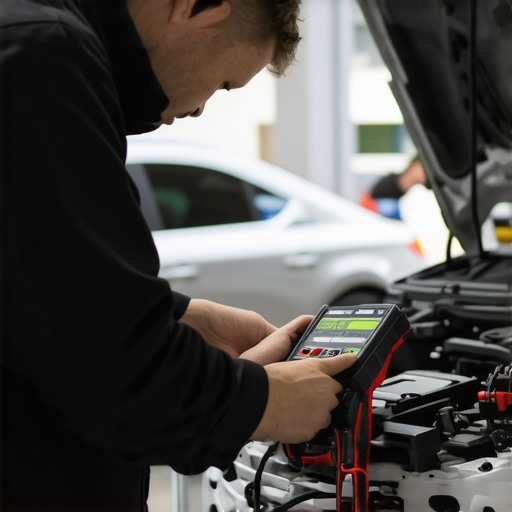 Professional Engine Load Diagnostics Mechanic diagnosing car engine power loss using electronic tools