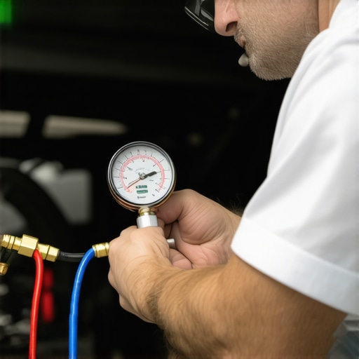 Mechanic measuring fuel rail pressure with a professional gauge to diagnose fuel pump failure.