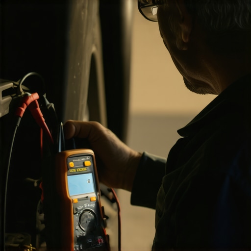 Technician measuring electrical resistance in a vehicle ignition circuit