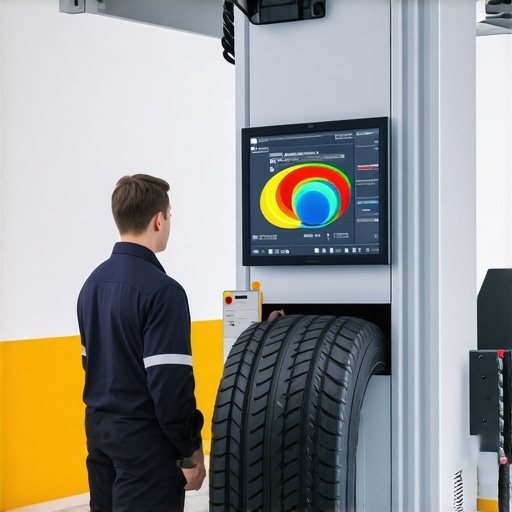 Technician using a road force balancer to diagnose steering wheel vibration by measuring tire uniformity.