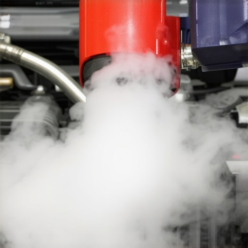 A technician uses smoke to identify a vacuum leak in a car engine.