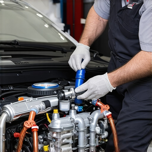 Professional Vacuum Coolant Refill Process Mechanic using a vacuum tool to refill an engine cooling system without air pockets.