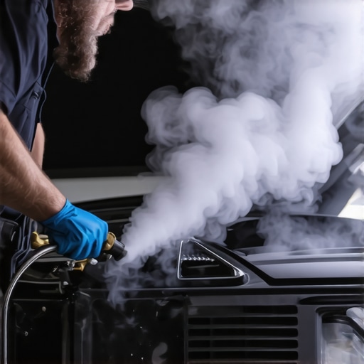 Mechanic using a smoke machine to find a whistling vacuum leak in an engine.