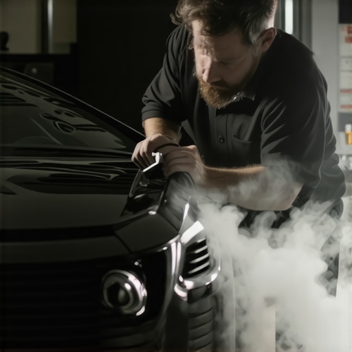 Professional Vacuum Leak Diagnostic Process Technician using smoke diagnostic equipment to locate a hiss in the vehicle dashboard