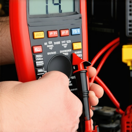 Professional Voltage Drop Test Procedure Technician using a multimeter to test fuel pump circuit resistance.