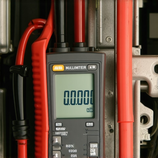 Professional Voltage Drop Test on Engine Ground Close-up of a digital multimeter testing a vehicle ground strap for electrical resistance.