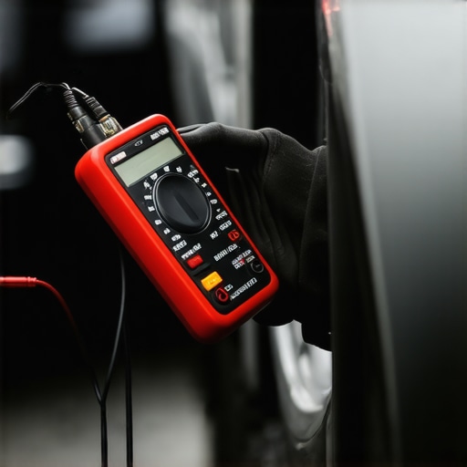 Professional Voltage Drop Test on Engine Ground A mechanic measuring electrical impedance on a cleaned engine ground point to ensure sensor accuracy.
